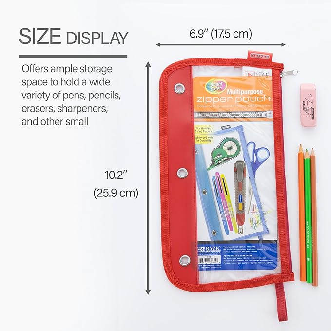 BAZIC Pencil Pouch 3 Ring Binder Pouch w/Rivet Enforced Rings Holes, 11.5"x6.5" Clear Color, Zipper Pouches Case Cosmetic Bag, 24-Pack