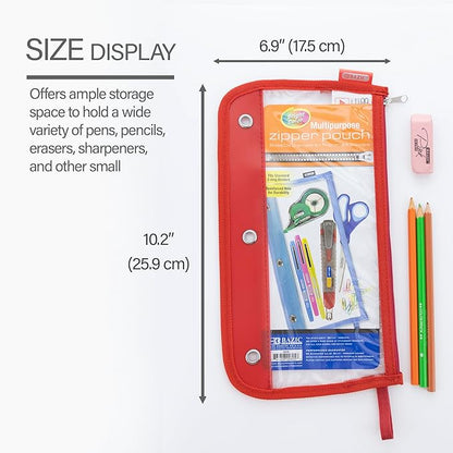 BAZIC Pencil Pouch 3 Ring Binder Pouch w/Rivet Enforced Rings Holes, 11.5"x6.5" Clear Color, Zipper Pouches Case Cosmetic Bag, 24-Pack