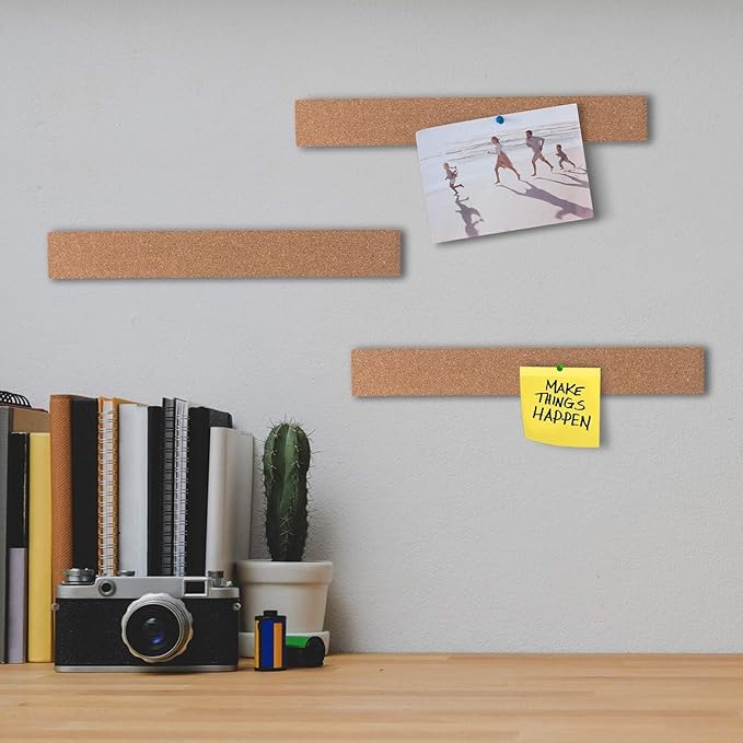 HBlife Cork Board Bulletin Board Bar Strip 15x2 Inch - 1/2 Inch Thick, Frameless Cork Board Strips with 50 Multi-Color Push Pins, Strong Self Adhesive Backing - 4 Pack