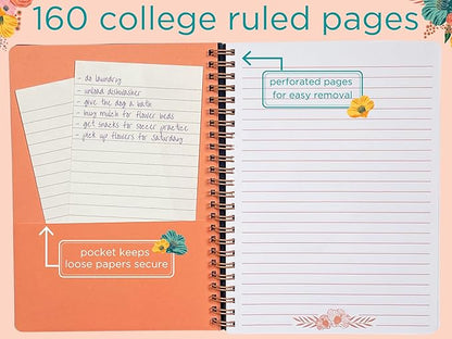 Steel Mill & Co Cute Floral Mini Spiral Notebook, 8.25" x 6.25" Journal with Durable Hardcover and 160 Lined Pages, Garden Blooms (Navy)