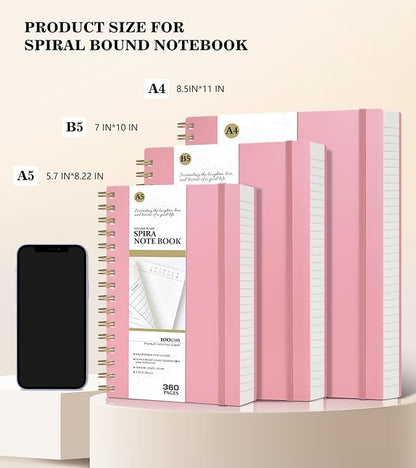 Pink Spiral Notebook Journal, 360 Pages College Ruled Notebooks, Lined Thick Journals for Women Men,B5 Big Spiral Notebooks with 100GSM Paper, Spiral Bound Journal for Writing Work School 7.6"×10"