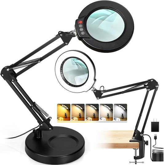 10X Magnifying Glass with Light and Stand, 2-in-1 Desk Lamp & Clamp Light, Seylae 5 Color Modes, Brightness Stepless Dimmable LED Lighted Magnifier Hands Free, Magnifier Lamp with Light for Close Work