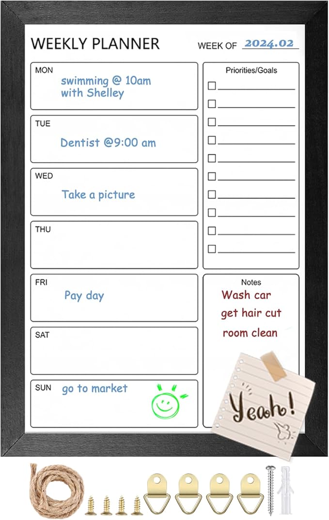 Dry Erase White Board Weekly Calendar Board, Magnetic Whiteboard for Wall, 10.5“x14.5” Solid Wood Black Framed Message Board, Planner Board for Office, Home, School(Weekly-BB-BK-2737)