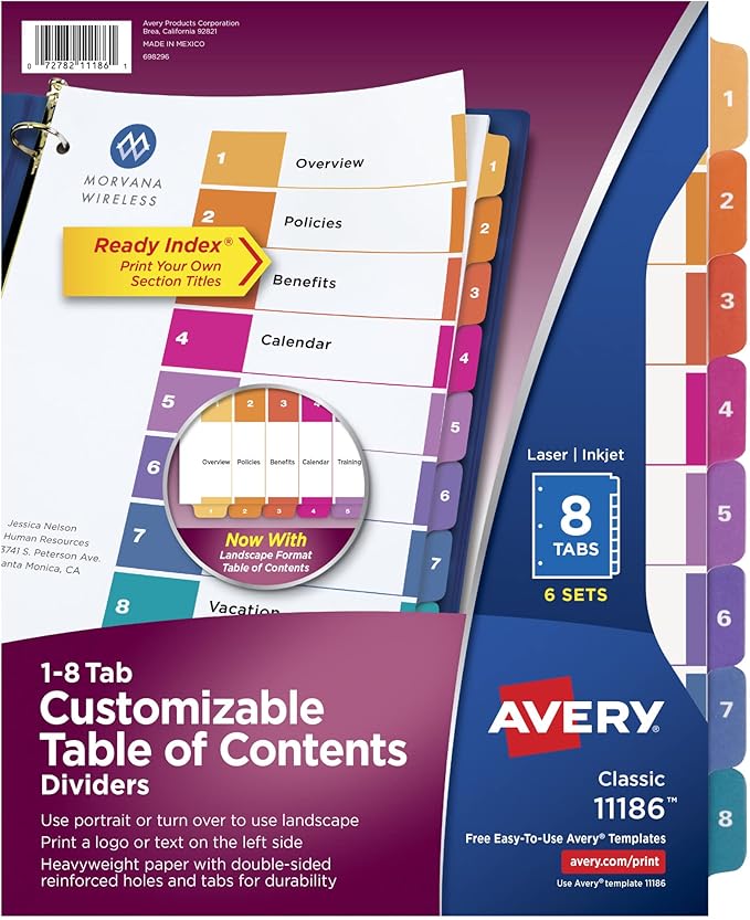 Avery 8 Tab Dividers for 3 Ring Binders, Customizable Table of Contents, Multicolor Tabs, 6 Sets (11186)
