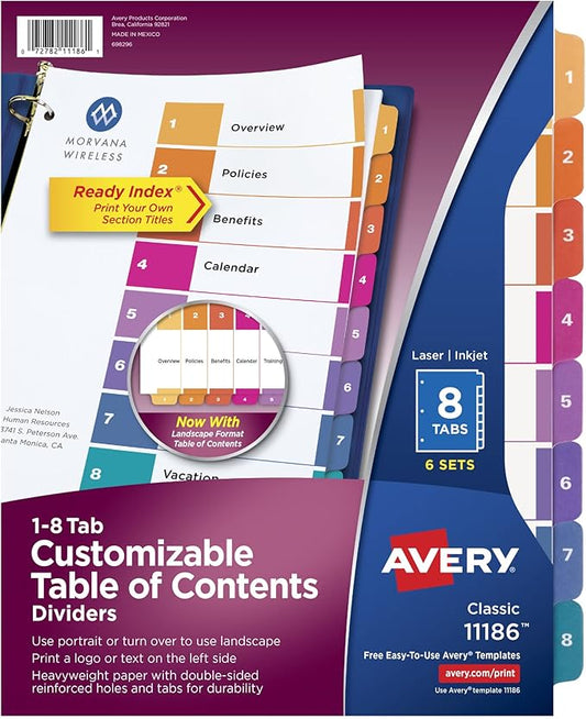 Avery 8 Tab Dividers for 3 Ring Binders, Customizable Table of Contents, Multicolor Tabs, 6 Sets (11186)