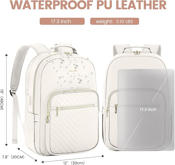 LOVEVOOK Leather Backpack for Women,17.3 inch Leather Laptop Backpack Women Computer Backpack Laptop Bag,Stylish Quilted Travel Backpack Purse Work Bag College Teacher Backpack with USB Port,Off-white