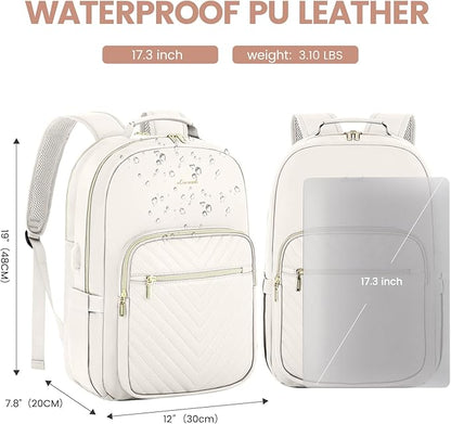 LOVEVOOK Leather Backpack for Women,17.3 inch Leather Laptop Backpack Women Computer Backpack Laptop Bag,Stylish Quilted Travel Backpack Purse Work Bag College Teacher Backpack with USB Port,Off-white