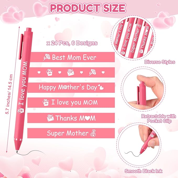 24 Set Mother's Day Sticky Notes and Pens Set Mother's Day Gift Pink Flower Heart Gift Box Bouquet Shaped Self Sticky Notepads Ballpoint Pens for Mothers Day Gift Office Daily Supplies