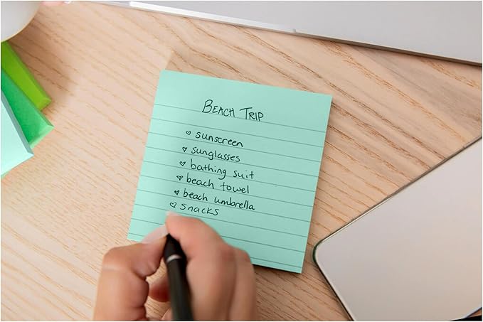 Post-it 100% Recycled Paper Super Sticky Notes, Lined, 4 in. x 4 in., 3 Pads, 70 Sheets per Pad, Oasis Collection, School Supplies and Office Products