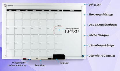 Real Glass Dry Erase Monthly Calendar, Extra Large 24" x 36", Tempered Glass Surface, Frameless Wall Mount, with 4 Assorted Color Markers and Eraser, by Better Office Products (Bright White)
