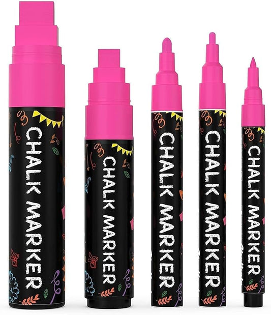 5 Pink Chalkboard Chalk Markers - Pink Dry Erase Markers for Blackboard, Chalkboard Signs, Windows, Glass | Variety Pack - Fine & Jumbo Size Ink Pen (1mm, 3mm, 6mm, 10mm, 15mm)