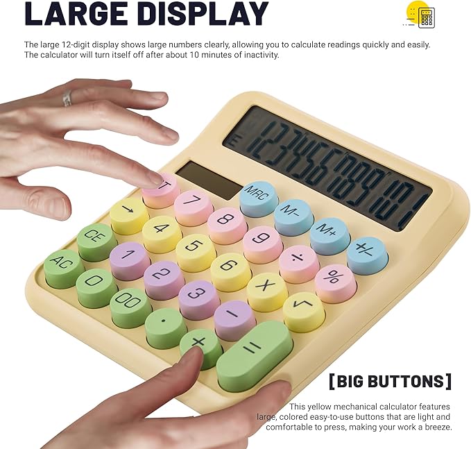 Golcellia Calculators Desktop, Beige Mechanical Calculator, Cute Calculator 12 Digit Desk Basic Calculator Large Display, Dual Power Solar Battery, Office Home School Supplies for Adults & Students