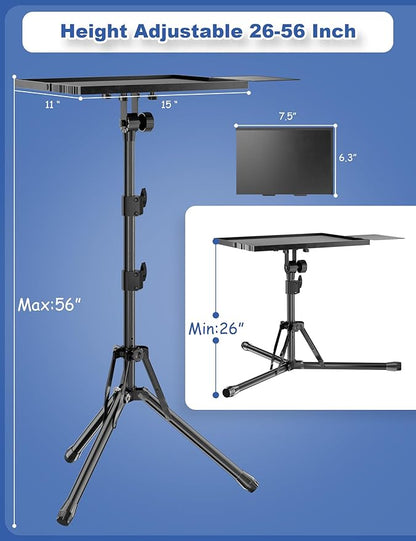 Projector Stand Tripod, Adjustable Height 26 to 56 Inch Laptop Tripod, Laptop Stand with Mouse Tray, Foldable Tripod for Projector with Carry Bag, Portable Podium Stand for Office, Home, Stage, DJ
