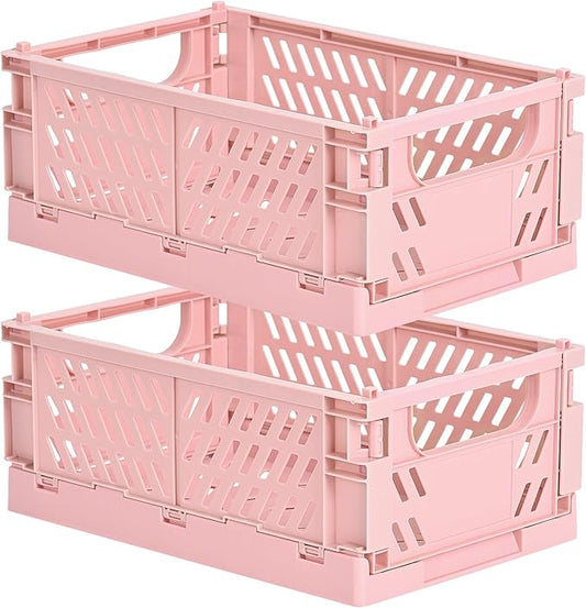 2-Pack Small Pastel Plastic Storage Baskets, Collapsible Crates for Organizing, Space-Saving Mini Bins for Classroom, Kitchen, Office, Bedroom (Pink, 9.8" x 6.5" x 3.8")