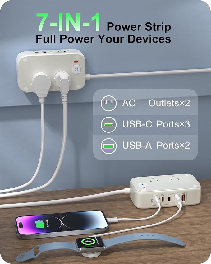 Flat Plug Power Strip, 20W USB C Power Strip with 2500W AC Outlects, 3 USB-C Ports, 2 USB-A Ports, 5FT Flat Extension Cord Outlet Extende Desk Charging Station for Home/Office/Travel Essentials