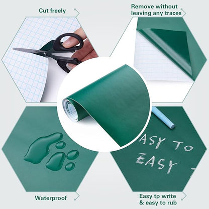 Chalkboard Wallpaper Stick and Peel: Green Contact Paper Classroom Chalkboard Stickers Chalk Board Paint Self Adhesive Wall Paper with 8 Colorful Chalks (35.4 X 78.7 Inches)