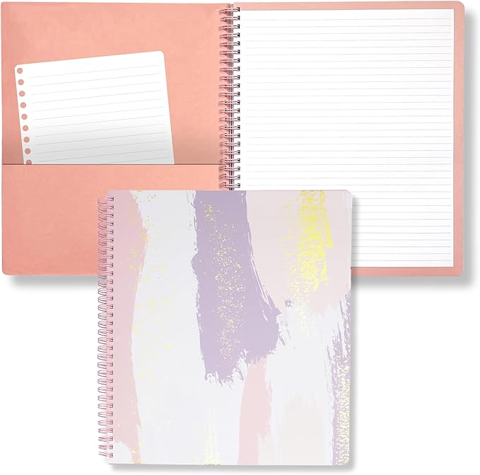 Steel Mill & Co Cute Large Spiral Notebook College Ruled, 11" x 9.5" with Durable Hardcover and 160 Lined Pages, Pastel Brush Strokes