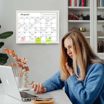 Calendar Whiteboard for Wall, TANKEE 17x13 Inches Dry Erase Calendar, Magnetic Small White Board with Wood Frame, Hanging Dry Erase Board for Wall Kitchen Home Office Planner