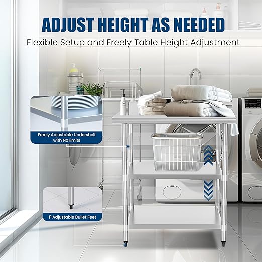 Stainless Steel Table 24 x 30 Inches Metal Work Table with 2 Adjustable Undershelves & Backsplash for Commercial Kitchen, Outdoor, Restaurant, Hotel & Garage