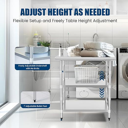 Stainless Steel Table 24 x 30 Inches Metal Work Table with 2 Adjustable Undershelves & Backsplash for Commercial Kitchen, Outdoor, Restaurant, Hotel & Garage