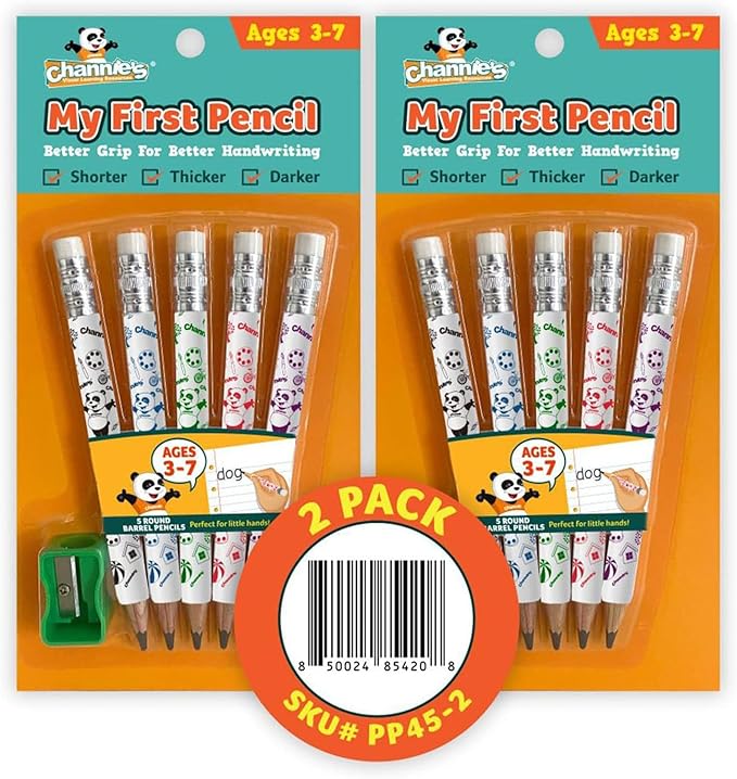 Channie's My First Pencil, Easy-to-Hold Jumbo Pencils for Preschoolers, Kindergarteners & 1st Graders, White Wooden 2B Fat Pencils for Kids Ages 3-7, 2 Pack (5 Each) + Sharpener