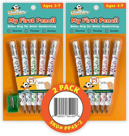Channie's My First Pencil, Easy-to-Hold Jumbo Pencils for Preschoolers, Kindergarteners & 1st Graders, White Wooden 2B Fat Pencils for Kids Ages 3-7, 2 Pack (5 Each) + Sharpener