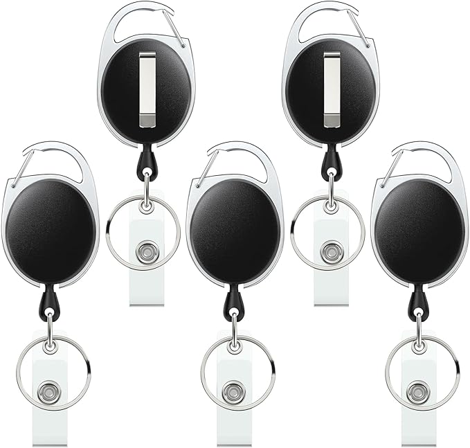 Uniclife 5 Pack Retractable Badge Reel for Badge Holder Heavy Duty Retractable Keychain Strong ABS Casing with Stainless Steel Spring Coil 24 Inch Nylon Rope Carabiner Clip and Key Ring