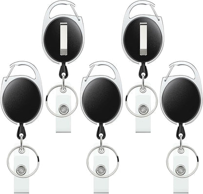 Uniclife 5 Pack Retractable Badge Reel for Badge Holder Heavy Duty Retractable Keychain Strong ABS Casing with Stainless Steel Spring Coil 24 Inch Nylon Rope Carabiner Clip and Key Ring