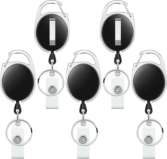 Uniclife 5 Pack Retractable Badge Reel for Badge Holder Heavy Duty Retractable Keychain Strong ABS Casing with Stainless Steel Spring Coil 24 Inch Nylon Rope Carabiner Clip and Key Ring