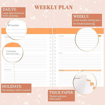 2025 Hardcover Planner Weekly and Monthly, Dec 2024–Dec 2025, Large Spiral Bound Planners 2025 for Women Gifts, 8.3" x 9.3",13 Month Calendar with 13 Tabs, 3 Sticker Sheets, Pink