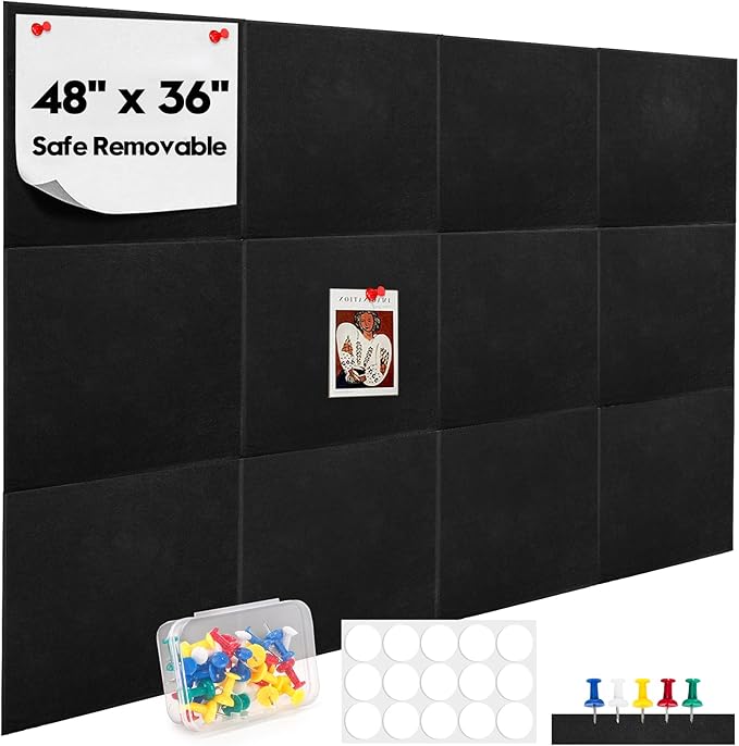 YOUEON Black Felt Bulletin Board for Wall 48" x 36", 12 Pack Black Cork Board Alternative with Pushpins & Self Adhesive Stickers, Soundproof Wall Tiles, Pin Boards for Home Office School