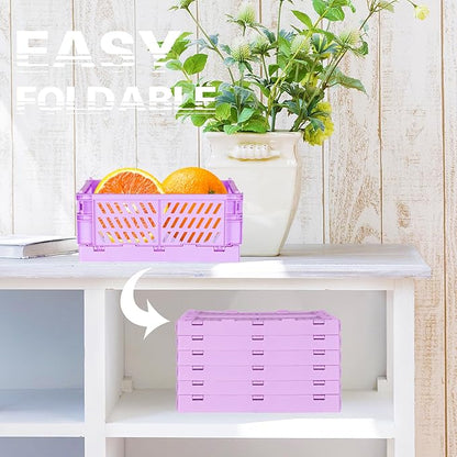 Tixill 2-Pack Mini Foldable Plastic Baskets for Organizing and Storage, Collapsible Storage Crate for Home Kitchen Bedroom Bathroom Office (5.9x3.8x2.2, Purple)
