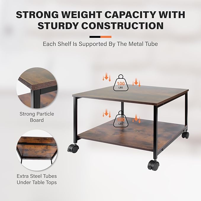 EMERIT 2-Tier Under Desk Printer Stand w/Storage - 19.5x19.5x12.8''Heavy Duty Rolling Cart, Mobile Printer Table with Lockable Wheels for Home Office Organization - Industrial Style