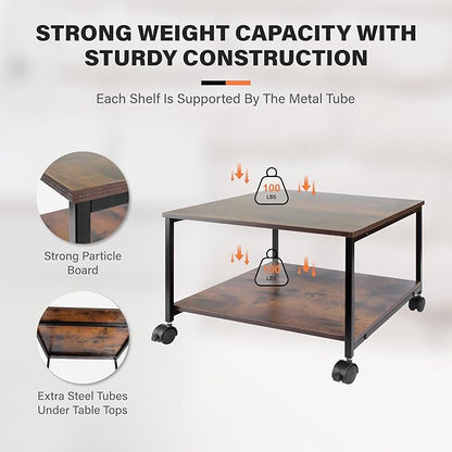 EMERIT 2-Tier Under Desk Printer Stand w/Storage - 19.5x19.5x12.8''Heavy Duty Rolling Cart, Mobile Printer Table with Lockable Wheels for Home Office Organization - Industrial Style