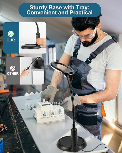 10X Magnifying Glass with Light and Stand, LED 5 Color Modes, Brightness Stepless Dimming Lighted Magnifier Hands Free, Flexible Gooseneck Desk Lamp with Clamp for Close Works, Crafts, Hobby, Painting