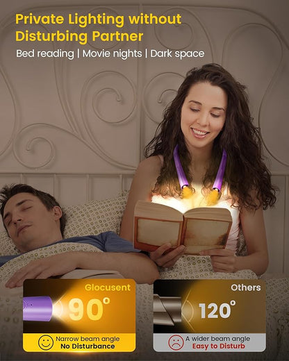 Glocusent Upgraded LED Neck Reading Light, Book Light for Reading in Bed, 30-min Timer, 3 Colors & 3 Brightness Adjustable, Rechargeable & Long Lasting, Perfect for Reading, Knitting