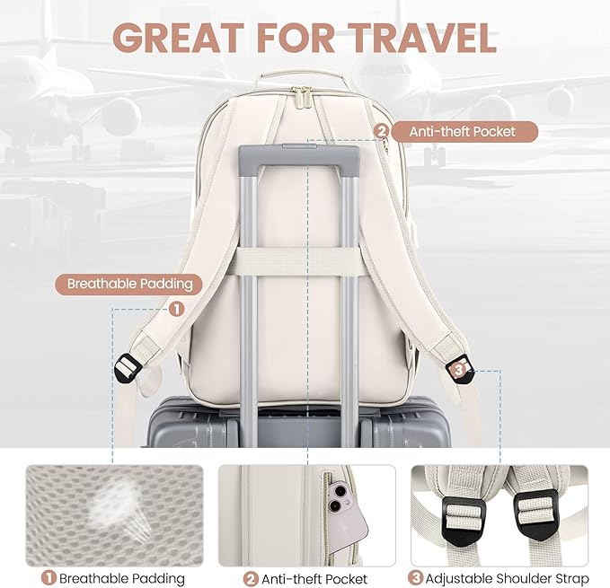 LOVEVOOK Leather Backpack for Women,15.6 inch Leather Laptop Backpack Women Computer Backpack Laptop Bag,Stylish Quilted Travel Backpack Purse Work Bag College Teacher Backpack with USB Port,Off-white