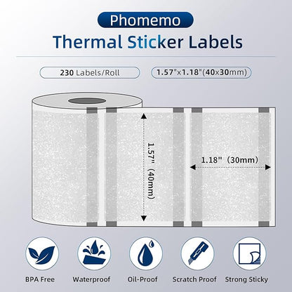 Phomemo Transparent Thermal Labels for M110/M120/M220/M150/M250 Label Maker, Self-Adhesive Thermal Label 1.57"x1.18"(40x30mm), 230 Labels/Roll, for Barcode, Address, Bussiness and Home Use, Sliver