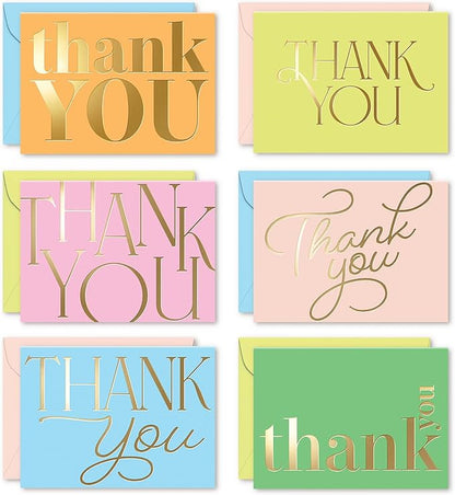 Sweetzer & Orange S&O Candy Thank You Cards with Envelopes - Blank Gold Foil sheets Set of 24 - Assorted Greeting Decor Cards, Pop Color Envelopes to Mix & Match