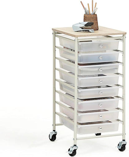 SunnyPoint Wooden Top Compact Rolling Storage 8 Drawers Organizer Mobile Utility Cart, Under Desk Storage Cart with Caster Wheels (Compact 8 Drawers, White)