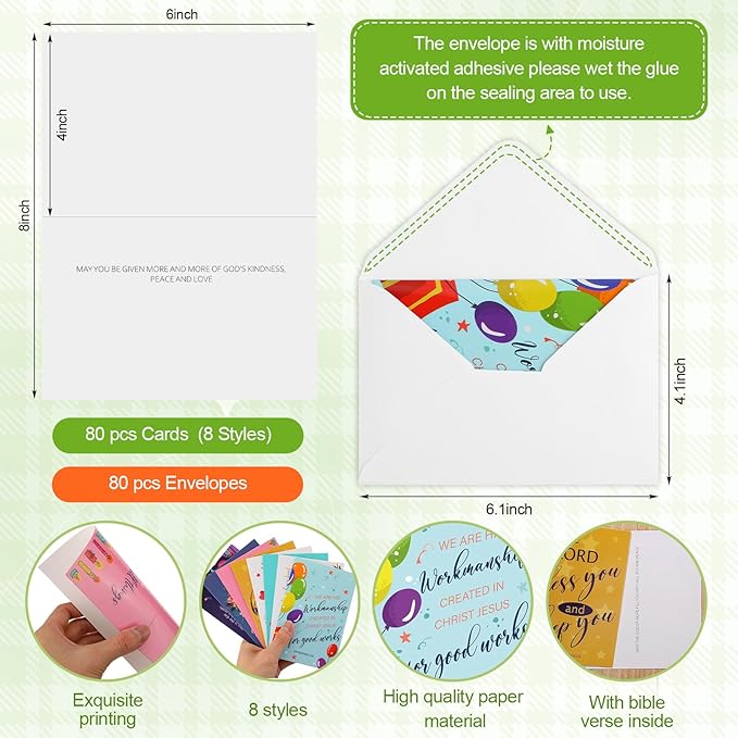 Zhanmai 80 Pack 4 x 6 Inch Religious Christian Birthday Cards Bulk with Scripture Assorted Bible Verse Designs Christian Blessings Birthday Cards with Envelopes (Classic Style)