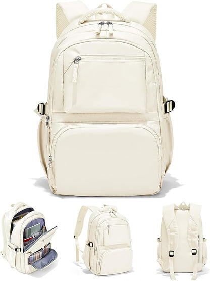 Lightweight School Backpack, College Bookbag for Boys Girls, 15.6 Inch Laptop Work Bag, Gym Backpack for Men Women, Large Capacity Waterproof Backpack for Campus School, Business, Beige