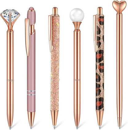 6 Pcs Ballpoint Pens Set Metal Crystal Diamond Pen for Journaling Glitter Pretty Cute Stationery Black Ink Fancy Gifts for Women Girls Teacher Office Wedding School Supplies(Rose Gold Series)