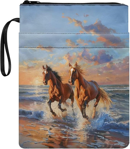 COEQINE Horses Themes Large Black Book Cover Case Zippered Organizer for School Teacher Student Hardcover Book Sleeves Cover with Pen Holder Beach Horse Sunset Pattern Book Sleeves