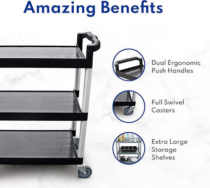 New Star Foodservice 54545 250-Pound Plastic 3-Tier Utility Bus Cart with Locking Casters, 32" x 16" x 38", Gray