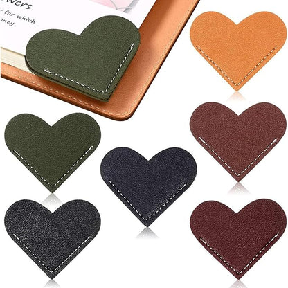 6Pcs Colorful Leather Bookmarks with Heart Shape, Portable Leather Book Page Corner Marker Heart-Shaped Page Clip 2''x2.2'' Gift, Reading Bookmarks Art Gifts, Book Covers and Book Accessories (Heart)