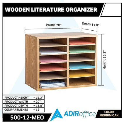 AdirOffice Wooden Adjustable organizerserature Organizer, 12 Compartment Office Mailbox, or Classroom Literature Organizer, Medium Oak