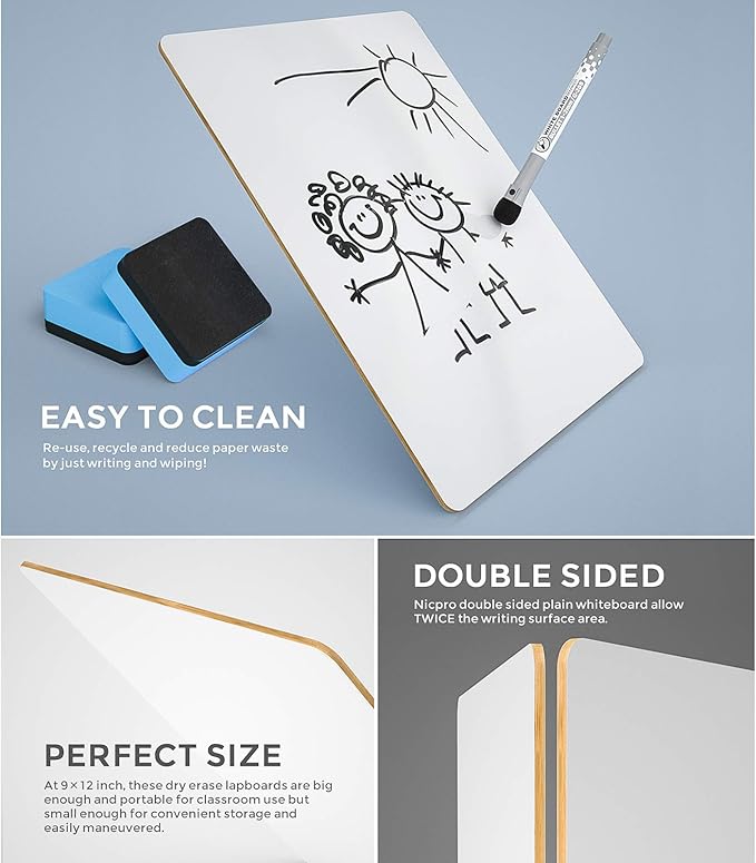 Nicpro Dry Erase Lap Board 9 x 12 inches 2 Pack Kid Double Sided Blank Small Lapboard with 8 Pens, 2 Eraser, Learning Mini Whiteboard Portable Drawing Board for Student and Classroom Use
