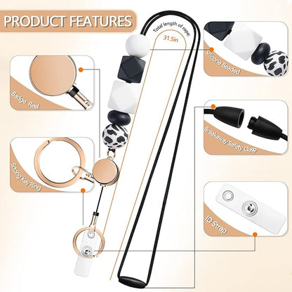 Retractable Lanyards for ID Badges and Keys, Cute Breakaway Teacher Lanyard with Badge Holders and Reels, Silicone Beaded Lanyard for Women, Nurses, Office with 2 Waterproof Card Holders