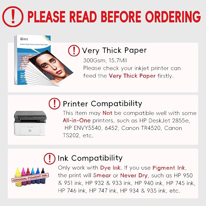 Uinkit 100 Sheets 8.5x11 Letter Size Thick Heavyweight Photo Paper Double Sided Glossy Cardstock 80LB 300Gsm 15.7Mil Brochure, Only for professional Inkjet Printer and Dye Ink